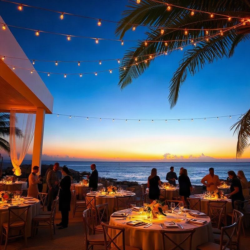 Recepção de casamento ao ar livre em Jurerê ao pôr do sol, com luzes suaves e mesas floridas