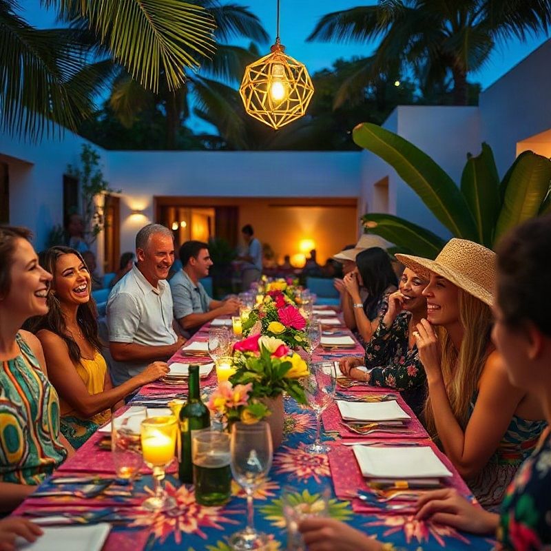 Convidados sorrindo em festa privada tropical contemporânea no Campeche