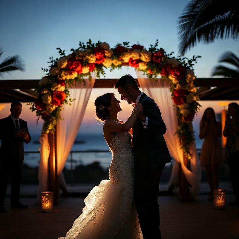 Noivos dançando sob arco floral em recepção de casamento à beira-mar