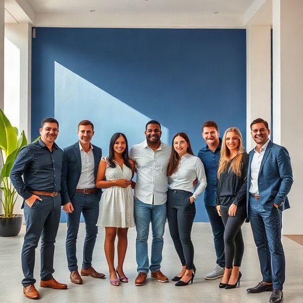 Retrato do time de sete pessoas da Sparkaswift em estúdio claro com parede índigo
